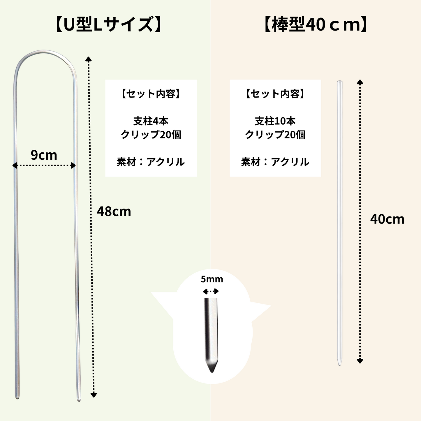 【丸型/U字型】クリア支柱4本+クリアクリップ20個セット