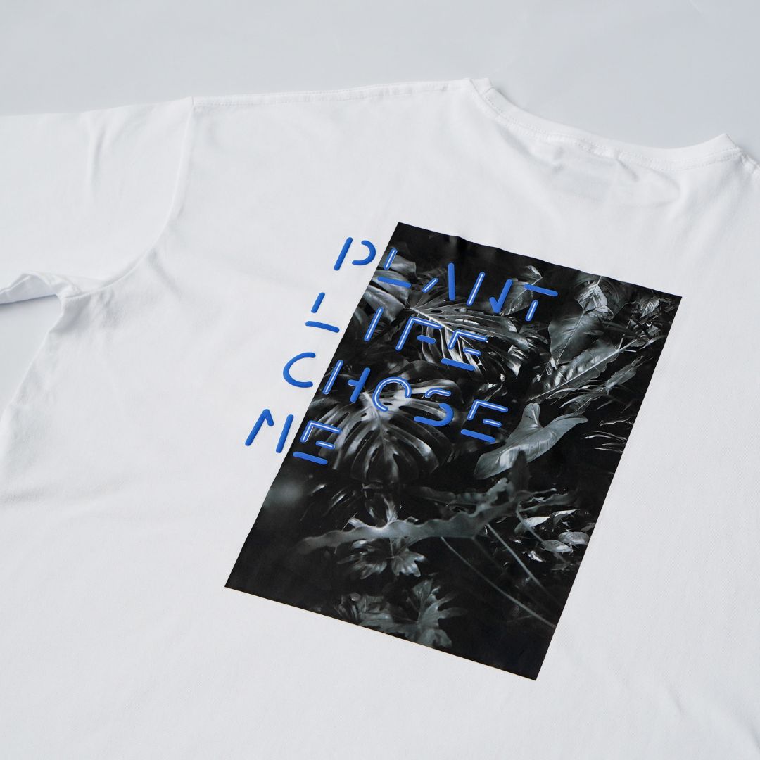 【OVERSIZED FIT T-SHIRT WHITExBLUE】PLANT LIFE CHOSE ME