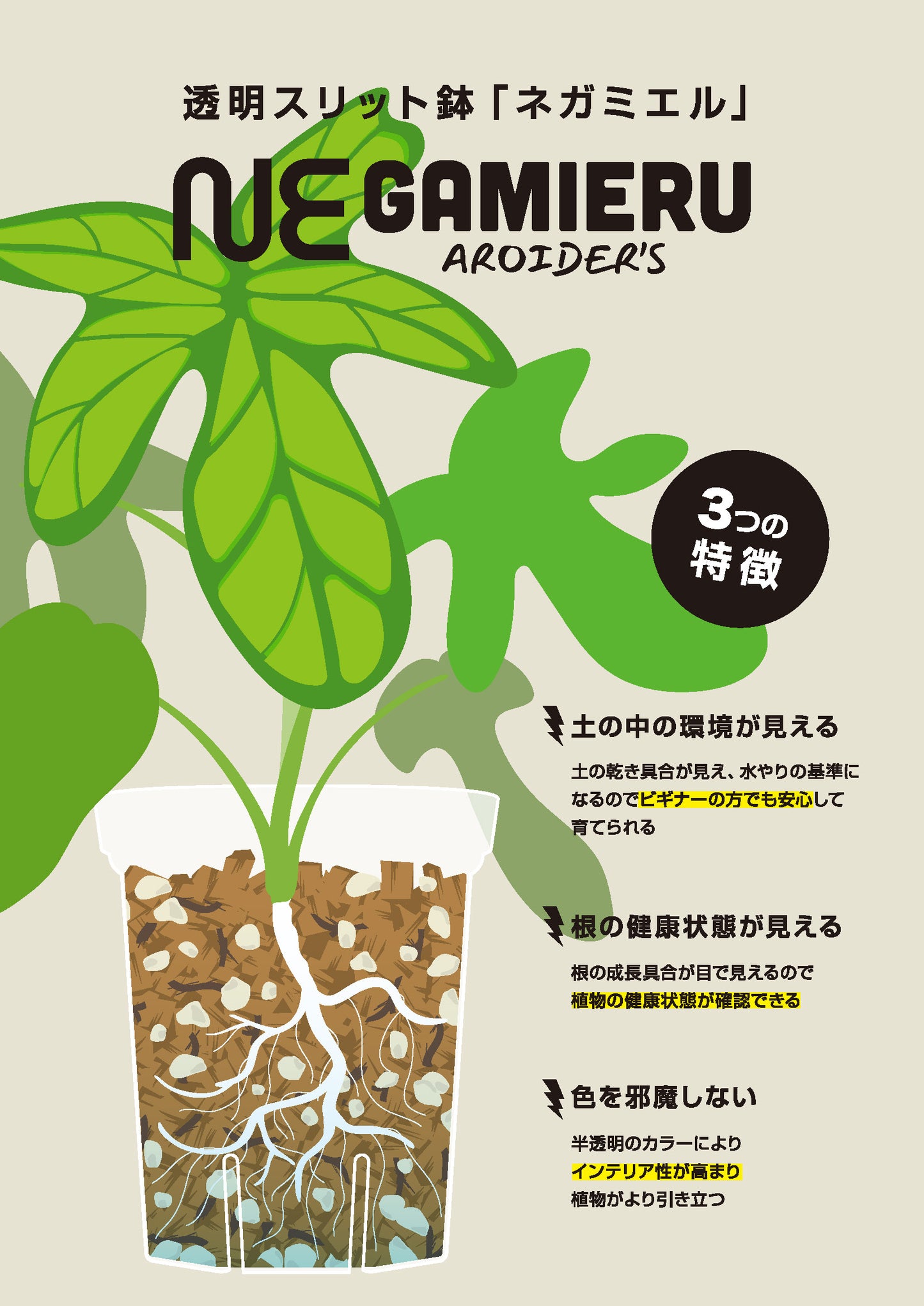 ネガミエル 透明スリット鉢 3号／3.5号／4号【浅岡園芸監修】観葉植物 プラスチック クリア 塊根植物 果樹苗 野菜苗 ハーブ 根が見える鉢 インテリアプランター